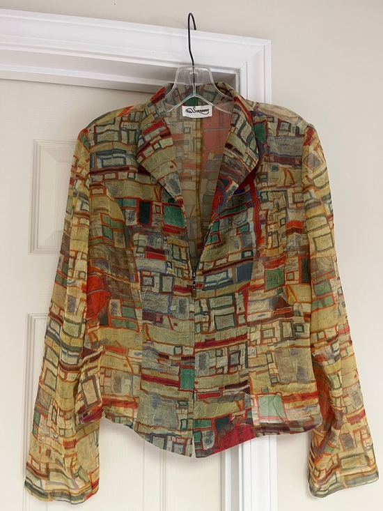 Suzanne Jackets & Blazers - Vintage-Inspired Multicolor Patterned Shear Zip Up Blouse